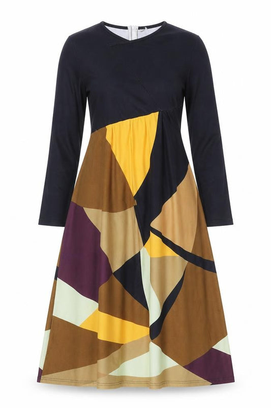 Front view of women’s multicoloured geometric polyester fit & flare, size S, v-neck zip