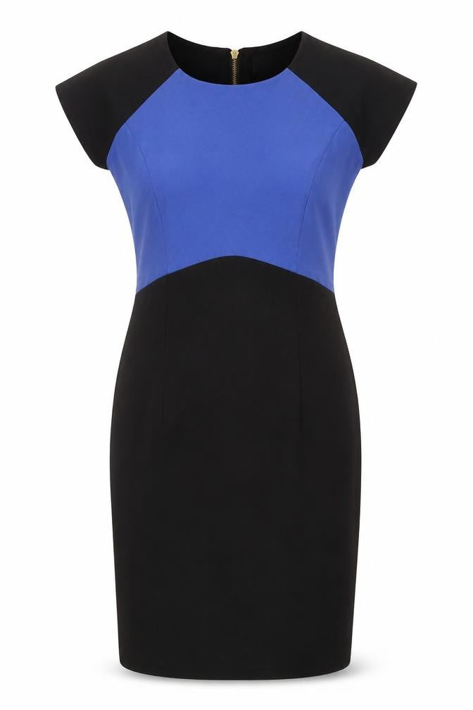 Front view of Wolf & Whistle women’s black colourblock viscose shift, size UK 8, boat neck zip