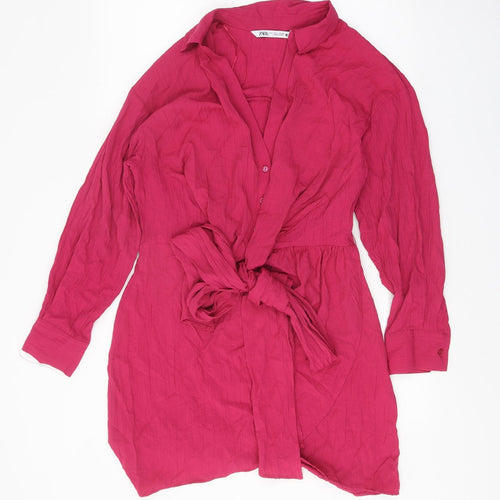 Zara Womens Pink Viscose Shirt Dress Size L Collared Tie - Tie Front Detail
