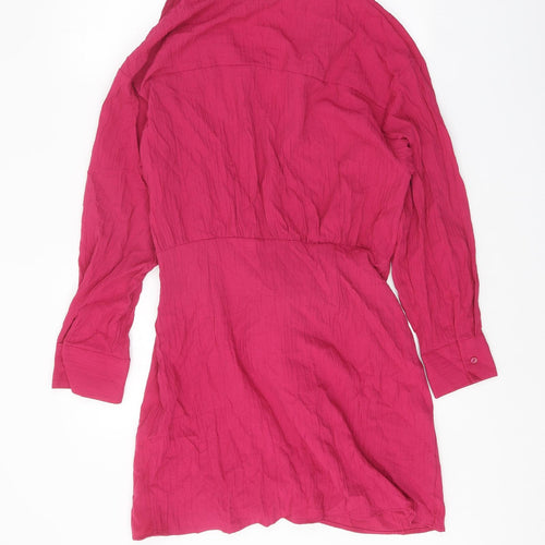 Zara Womens Pink Viscose Shirt Dress Size L Collared Tie - Tie Front Detail