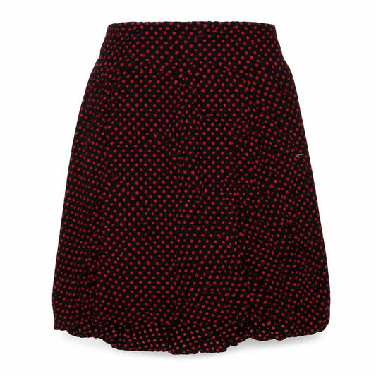 Front view of Preworn women’s black polka dot polyester swing skirt, size UK 36, in