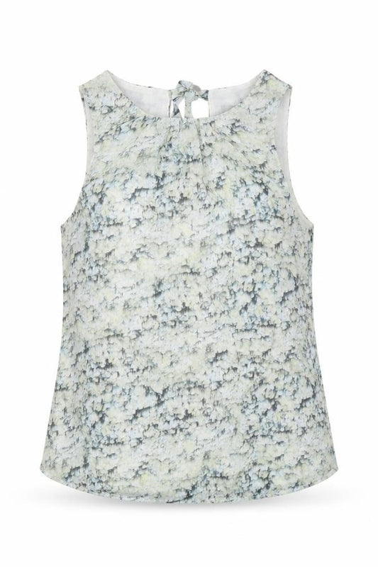 Front view of H&M women’s green geometric polyester basic tank, size UK 6, boat neck
