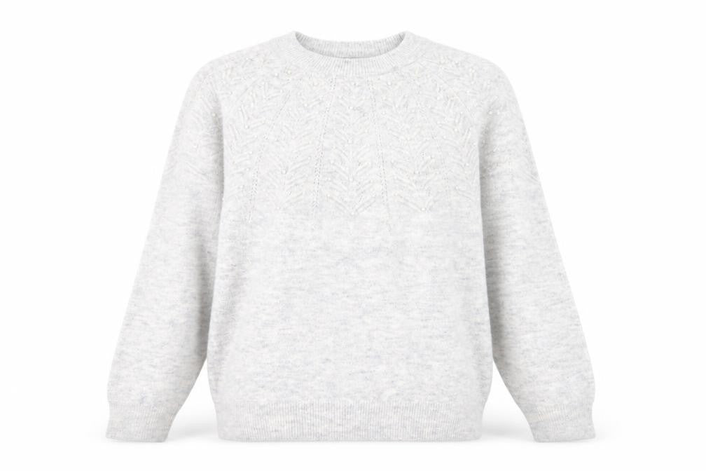 Front view of Marks & Spencer women’s grey round neck acrylic jumper, size L