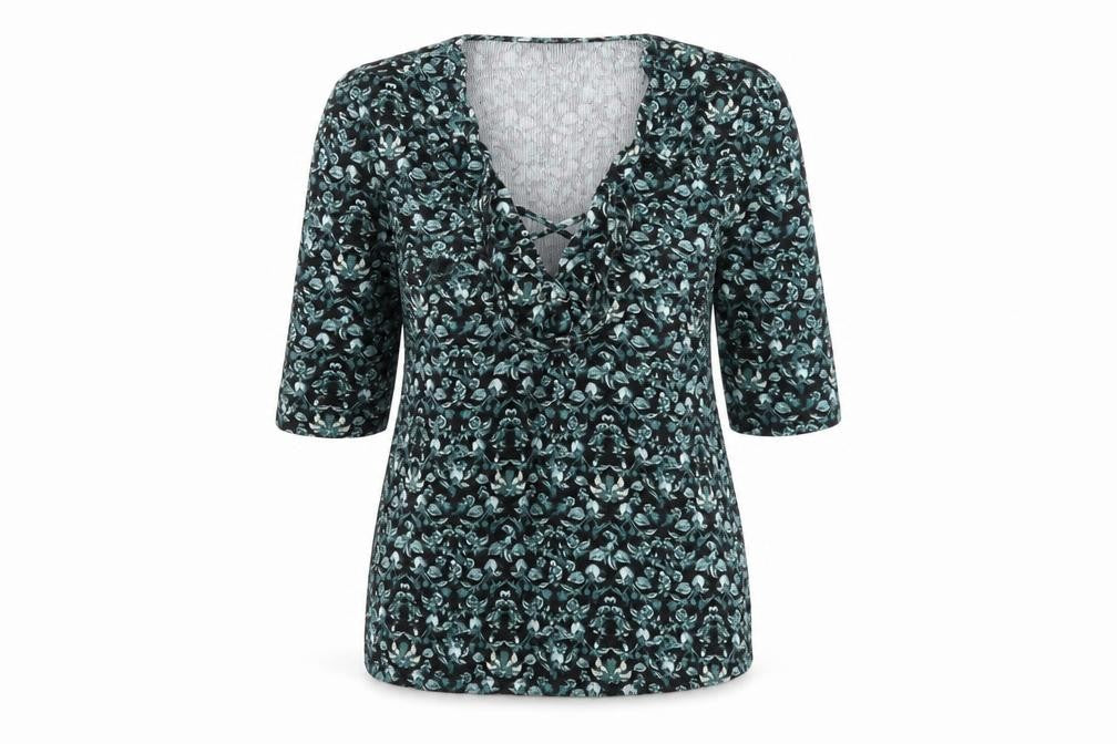 Front view of Topshop women’s black floral viscose basic blouse, size UK 10, v-neck