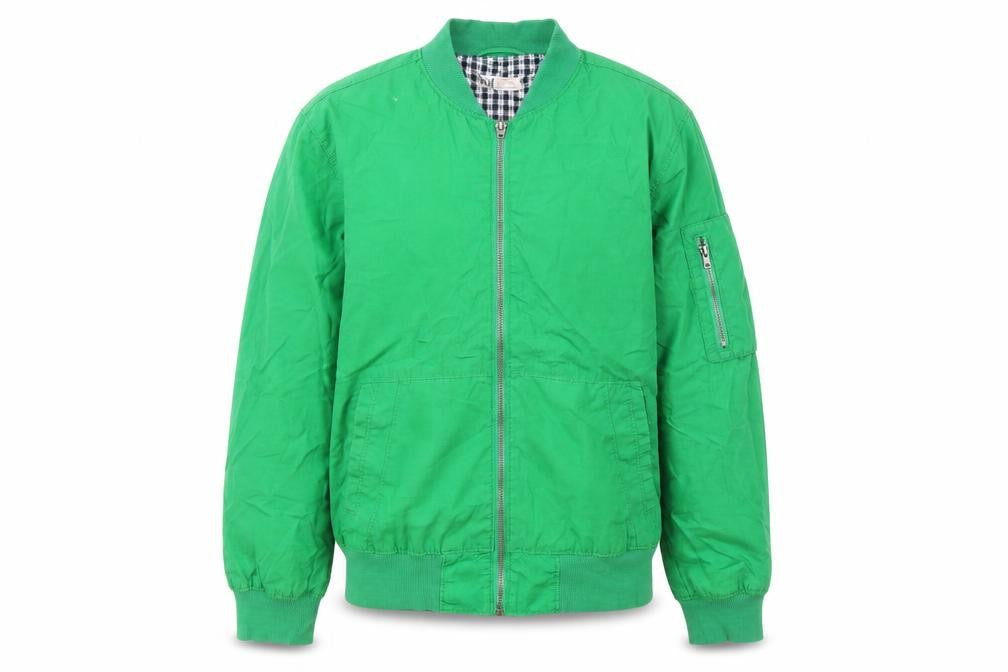 Front view of H&M boys’ green jacket, size 11-12, years zip