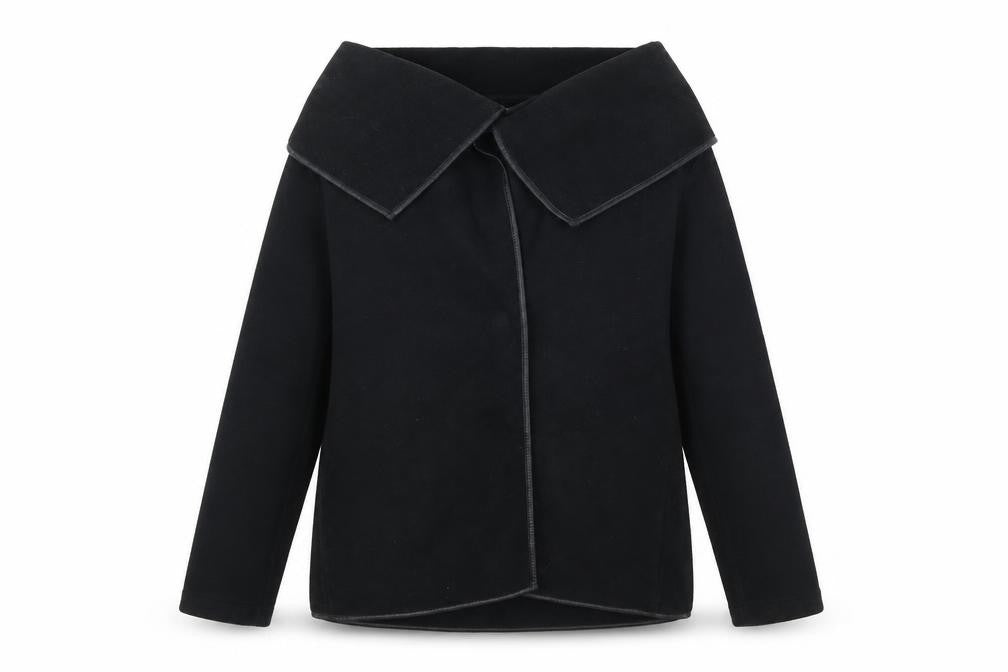Front view of Effeti Moda women’s black collared polyester cardigan jumper, size S