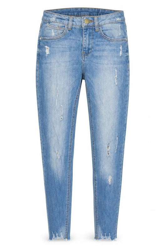 Front view of women’s blue cotton skinny jeans, size UK 26, in slim zip