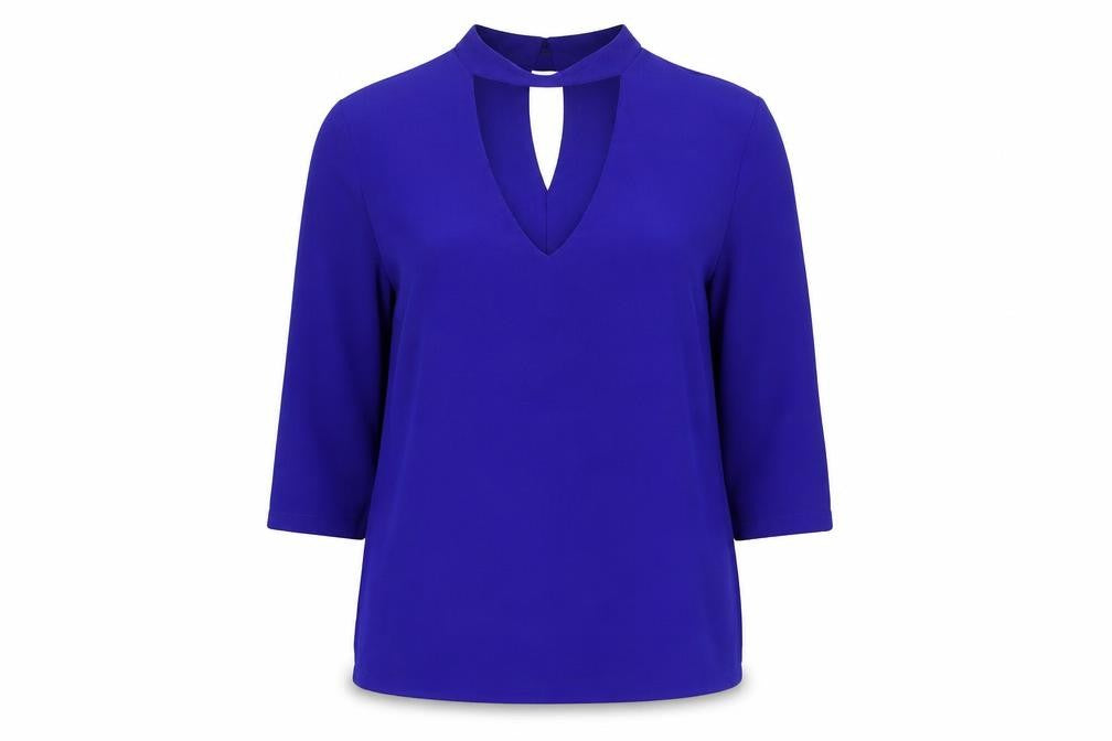 Front view of Dorothy Perkins women’s blue viscose basic blouse, size UK 10, v-neck