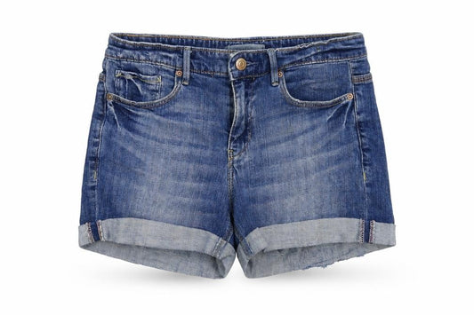 Front view of L.O.G.G women’s blue cotton boyfriend shorts, size UK 4, regular zip