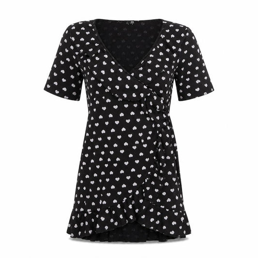 Front view of women’s black geometric polyester wrap dress, size UK 10, v-neck pullover - heart pattern
