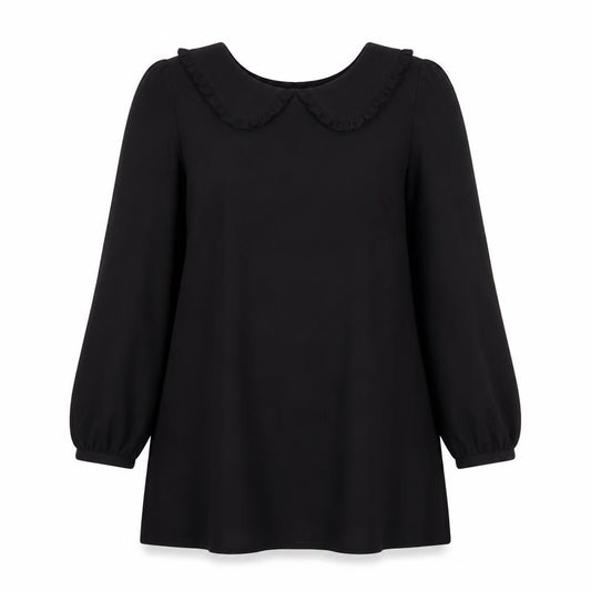 Front view of Warehouse women’s black polyester trapeze & swing, size UK 14, collared zip