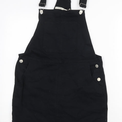 Brave Soul Womens Black Cotton Pinafore/Dungaree Dress Size 14 Square Neck Buckle