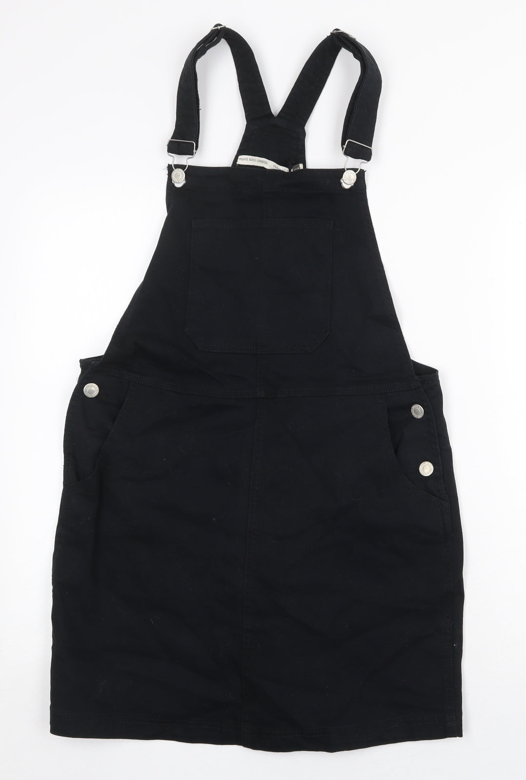 Brave Soul Womens Black Cotton Pinafore/Dungaree Dress Size 14 Square Neck Buckle