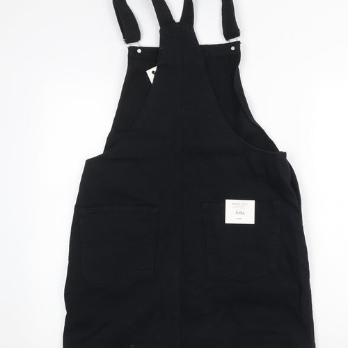 Brave Soul Womens Black Cotton Pinafore/Dungaree Dress Size 14 Square Neck Buckle