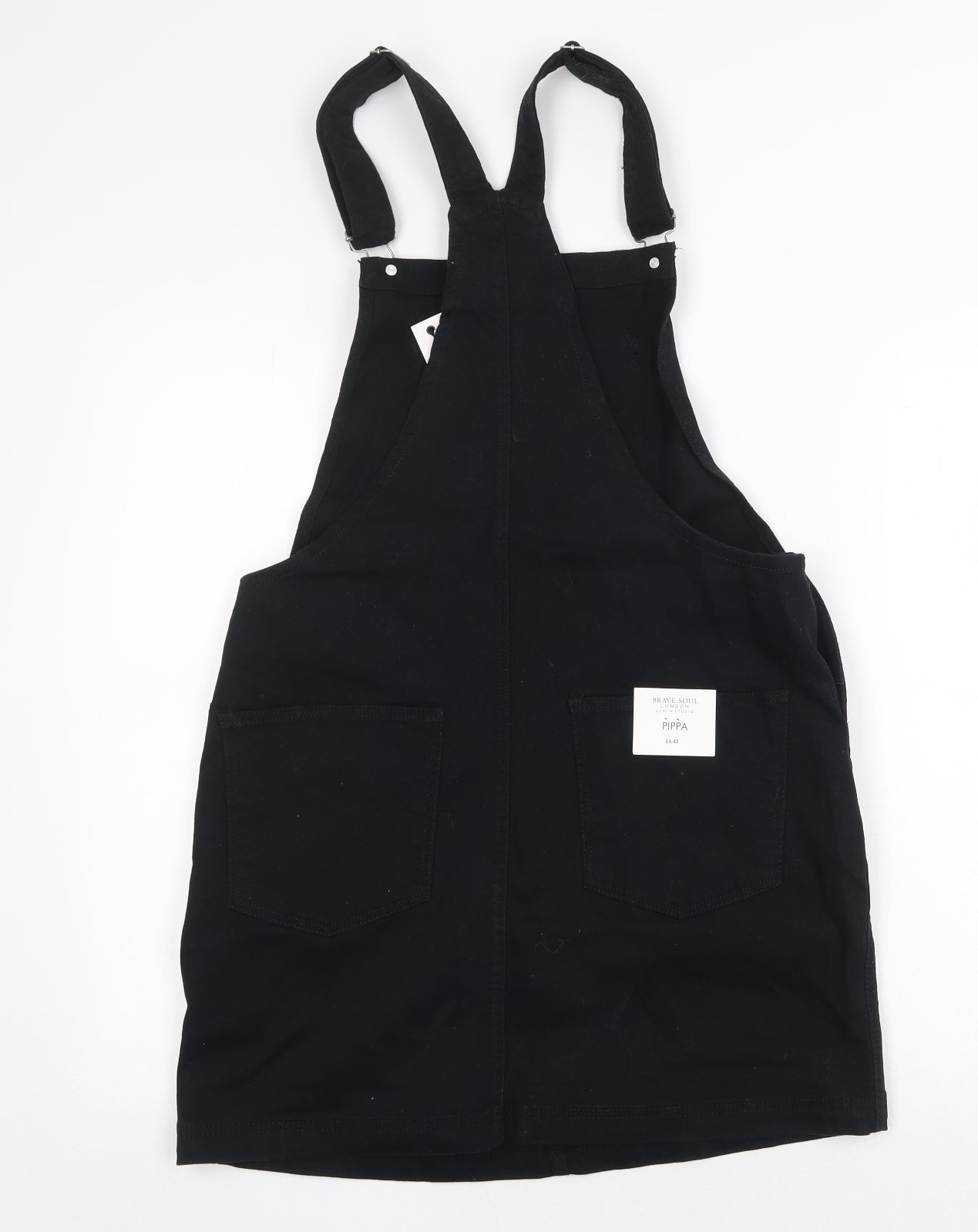 Brave Soul Womens Black Cotton Pinafore/Dungaree Dress Size 14 Square Neck Buckle