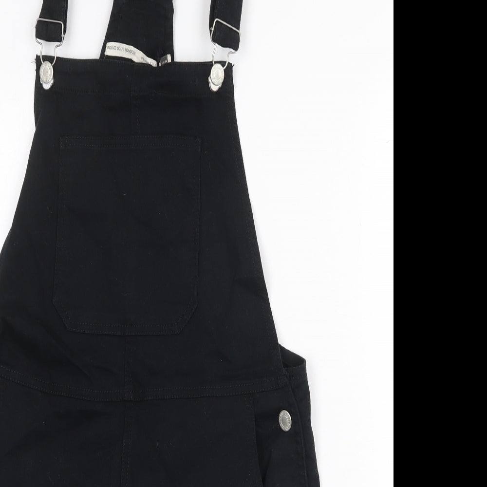Brave Soul Womens Black Cotton Pinafore/Dungaree Dress Size 14 Square Neck Buckle