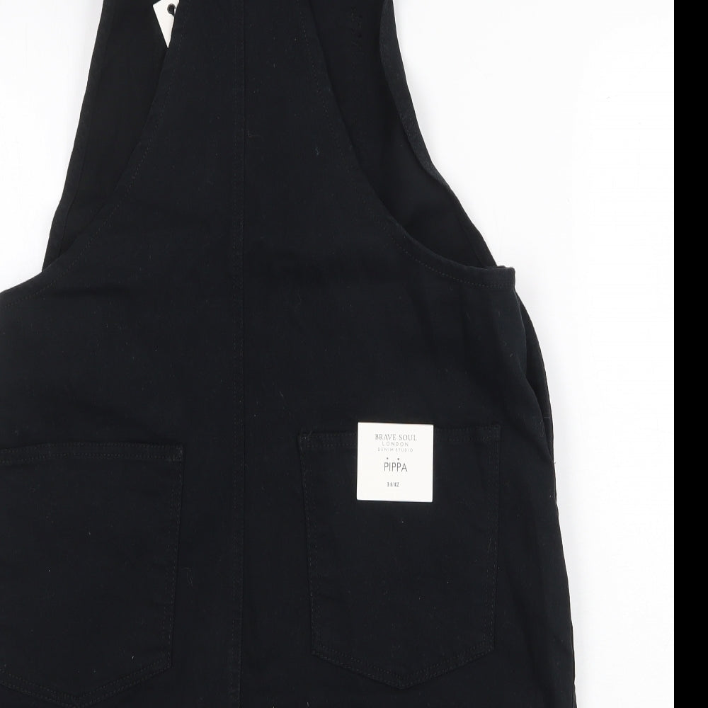 Brave Soul Womens Black Cotton Pinafore/Dungaree Dress Size 14 Square Neck Buckle