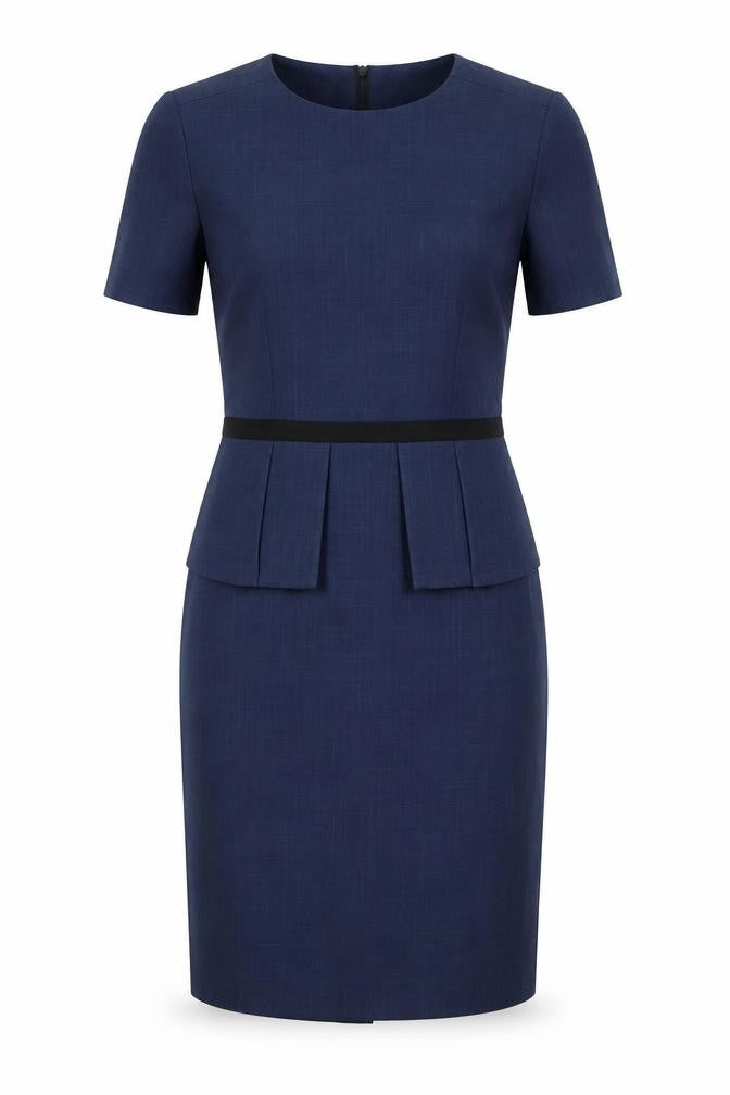 Front view of Florenceroby women’s blue polyester a-line, size UK 10, round neck zip