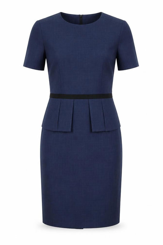 Front view of Florenceroby women’s blue polyester a-line, size UK 10, round neck zip
