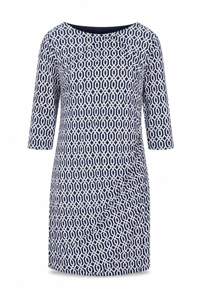 Front view of Ruth Langford women’s blue geometric polyester a-line, size L, round neck pullover