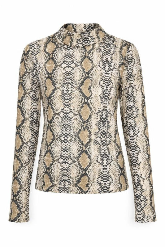 Front view of SHEIN women’s yellow animal print polyester basic t-shirt, size M, high neck - snake print