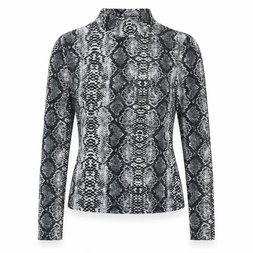 Front view of SHEIN women’s grey animal print polyester basic t-shirt, size M, mock neck - snake print