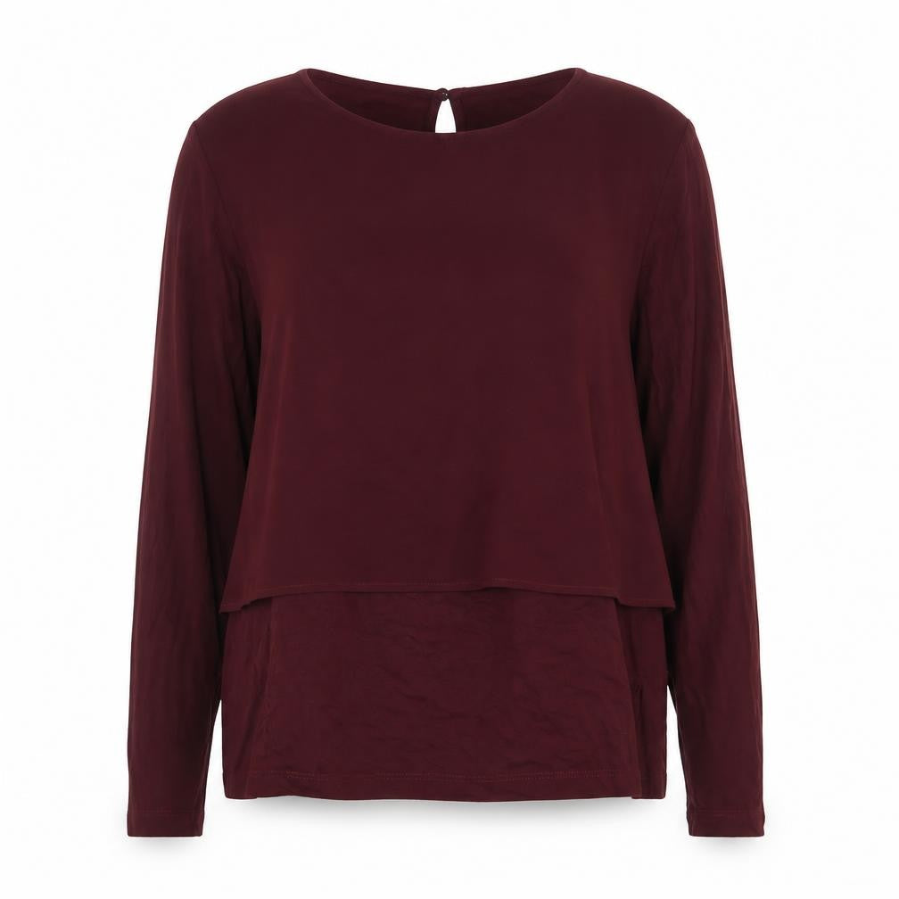 Front view of Warehouse women’s red viscose basic blouse, size UK 8, boat neck - chiffon overlay