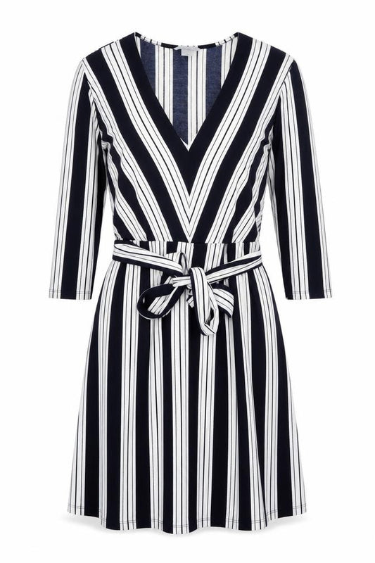 Front view of H&M women’s blue striped polyester a-line, size S, v-neck tie