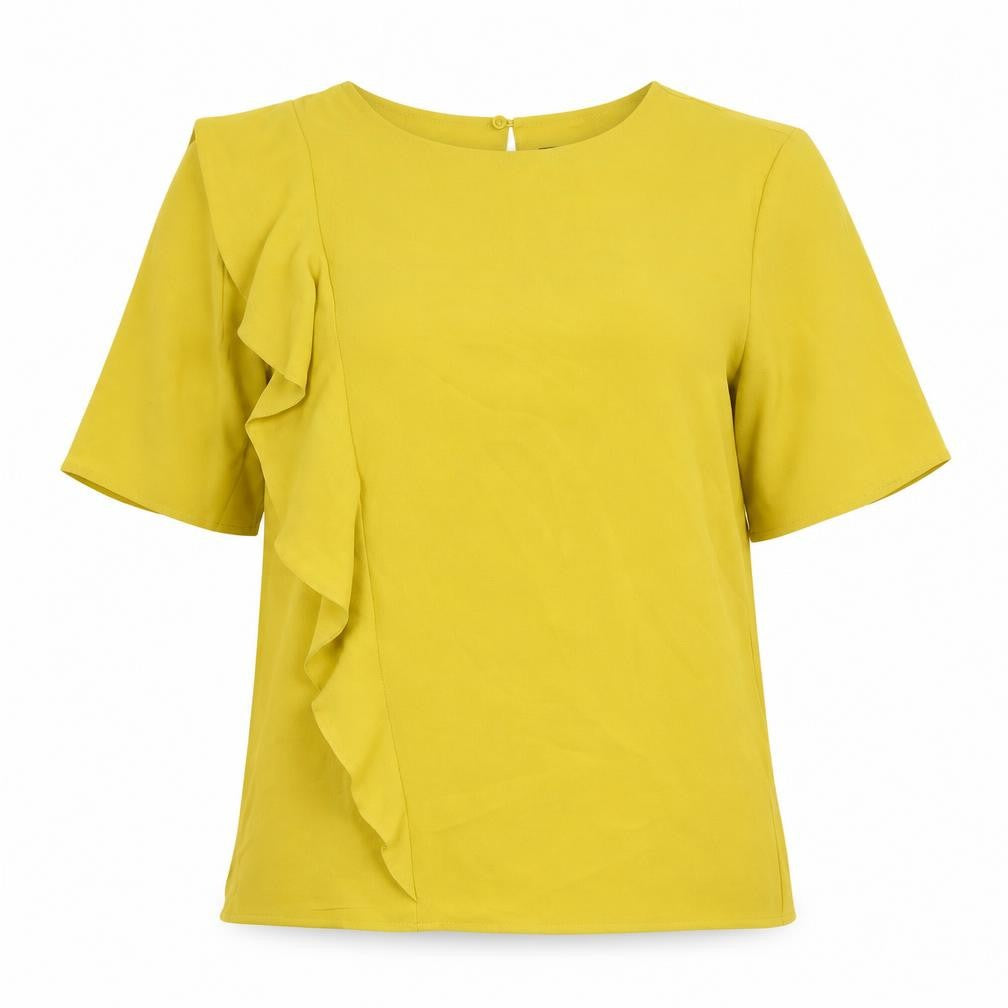 Front view of Marks & Spencer women’s yellow polyester basic t-shirt, size UK 12, scoop neck
