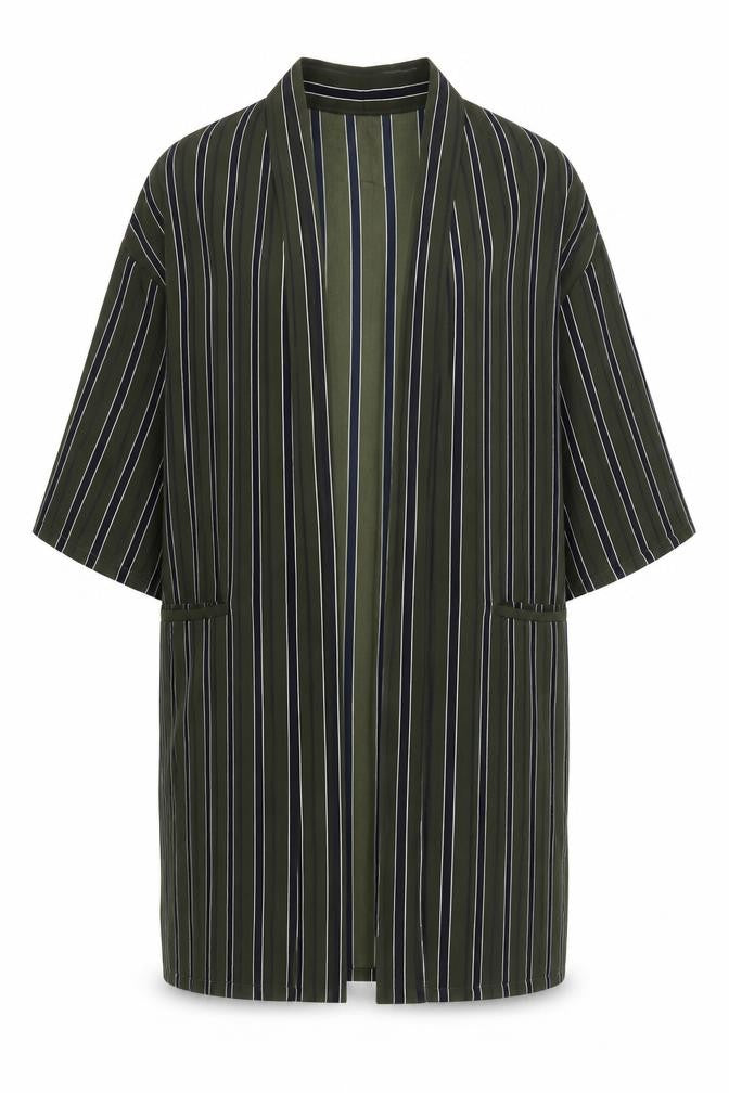 Front view of Atmosphere women’s green striped polyester kimono blouse, size UK 6, v-neck
