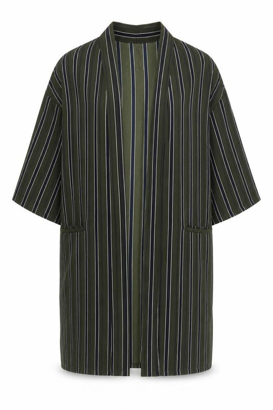Front view of Atmosphere women’s green striped polyester kimono blouse, size UK 6, v-neck