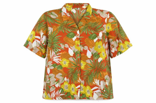 Front view of Preworn women’s multicoloured floral polyester basic button-up, size UK 16, collared - tropical print