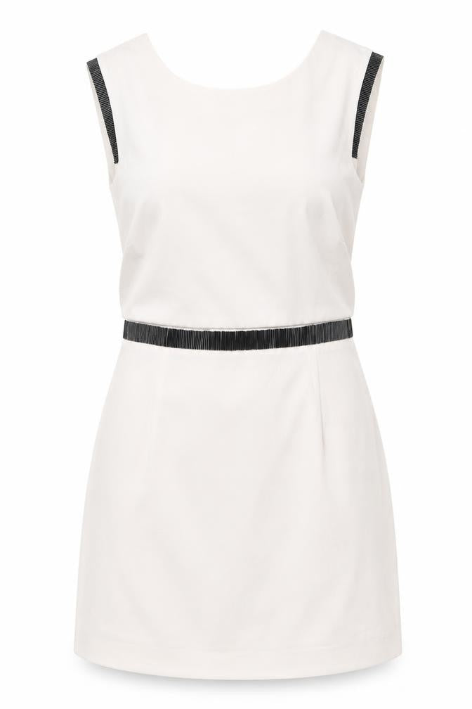 Front view of Warehouse women’s pink polyester a-line, size UK 12, roll neck zip