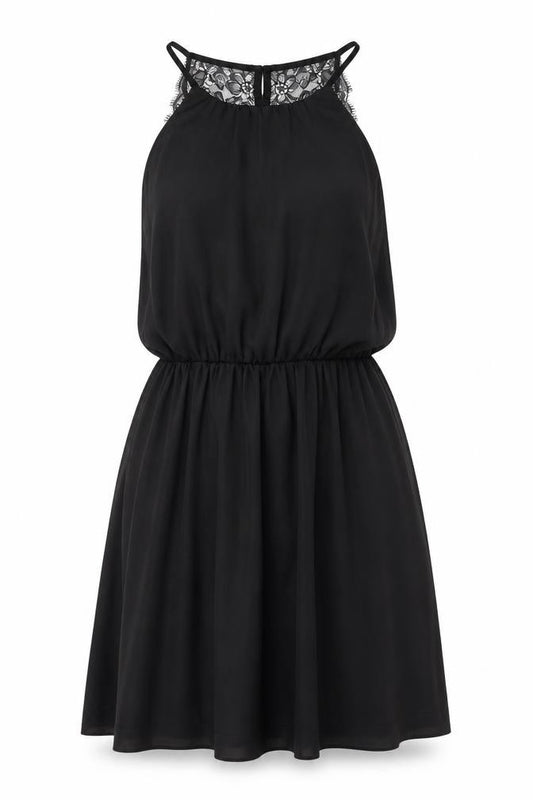 Front view of H&M women’s black polyester fit & flare, size UK 8, scoop neck button - lace details
