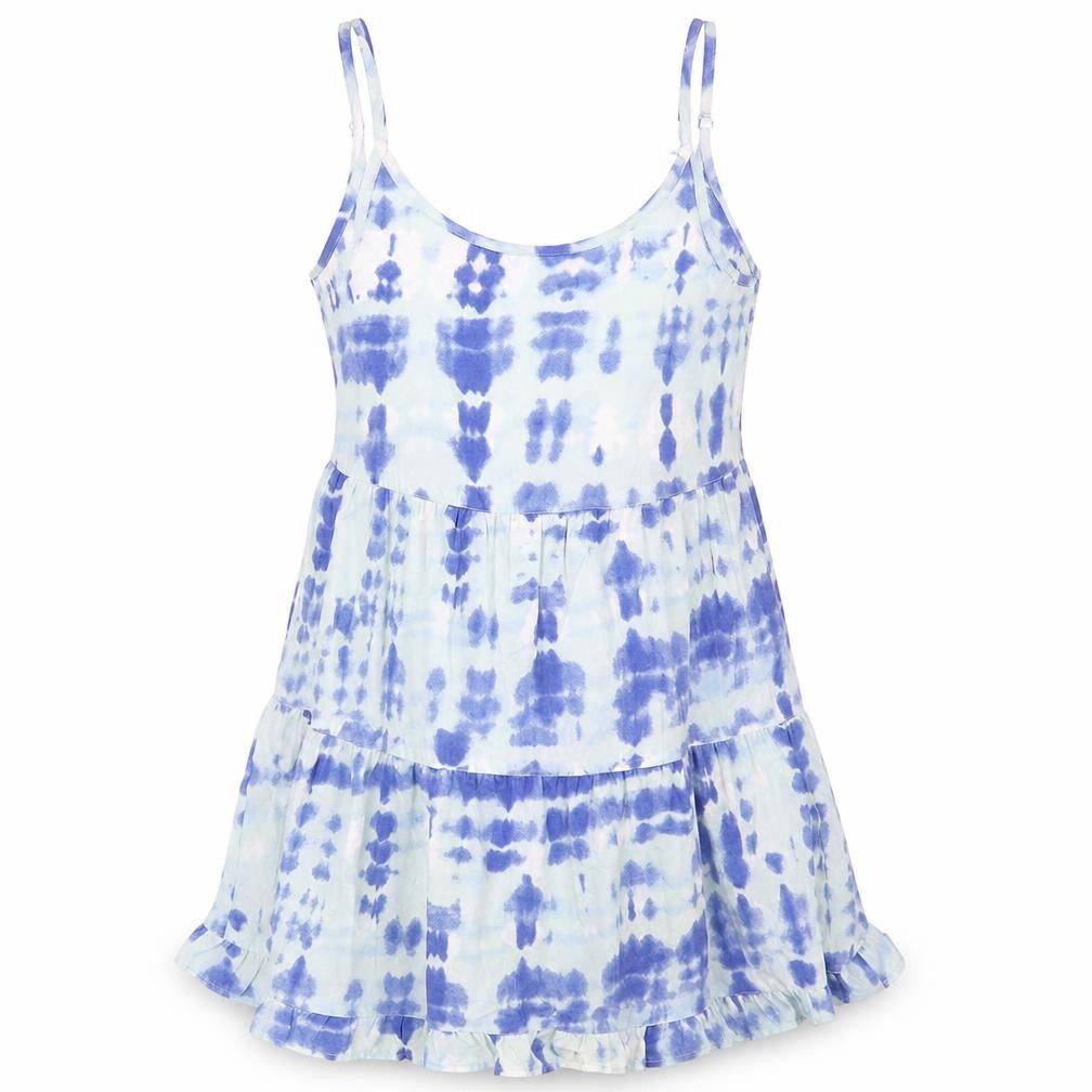 Front view of Atmosphere women’s blue geometric polyester mini, size S, scoop neck pullover