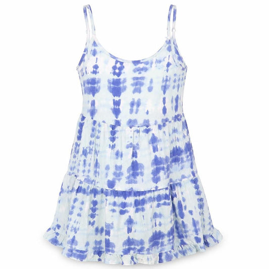 Front view of Atmosphere women’s blue geometric polyester mini, size S, scoop neck pullover