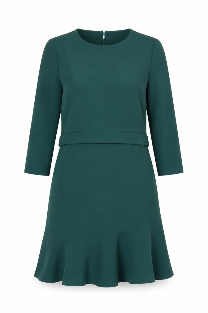 Front view of Warehouse women’s green polyester a-line, size UK 10, round neck zip