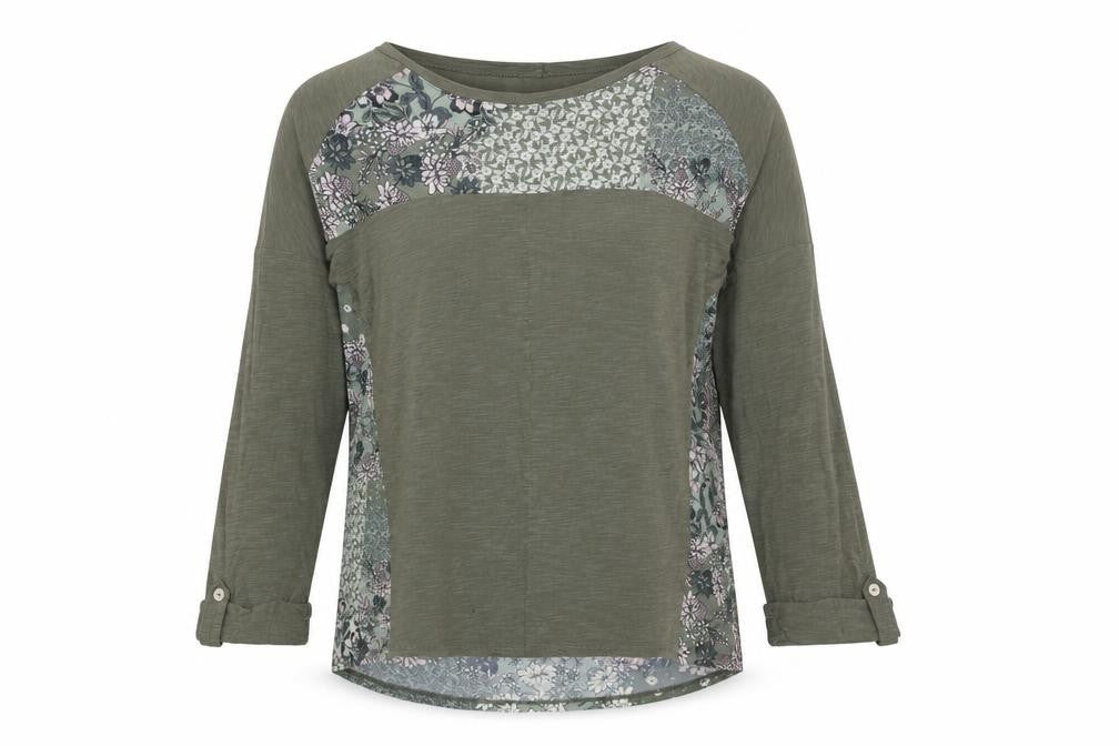 Front view of M&Co women’s green floral viscose basic blouse, size UK 10, boat neck
