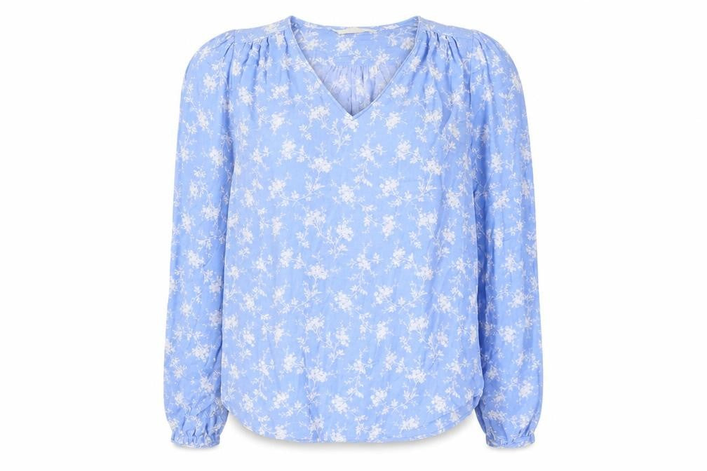 Front view of Pre Una women’s blue floral viscose basic blouse, size UK 6, v-neck
