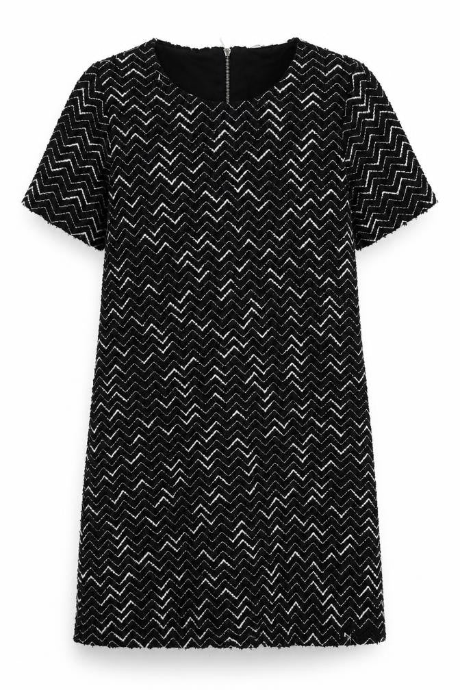 Front view of Nutmeg women’s black geometric polyester shift, size UK 12, boat neck zip