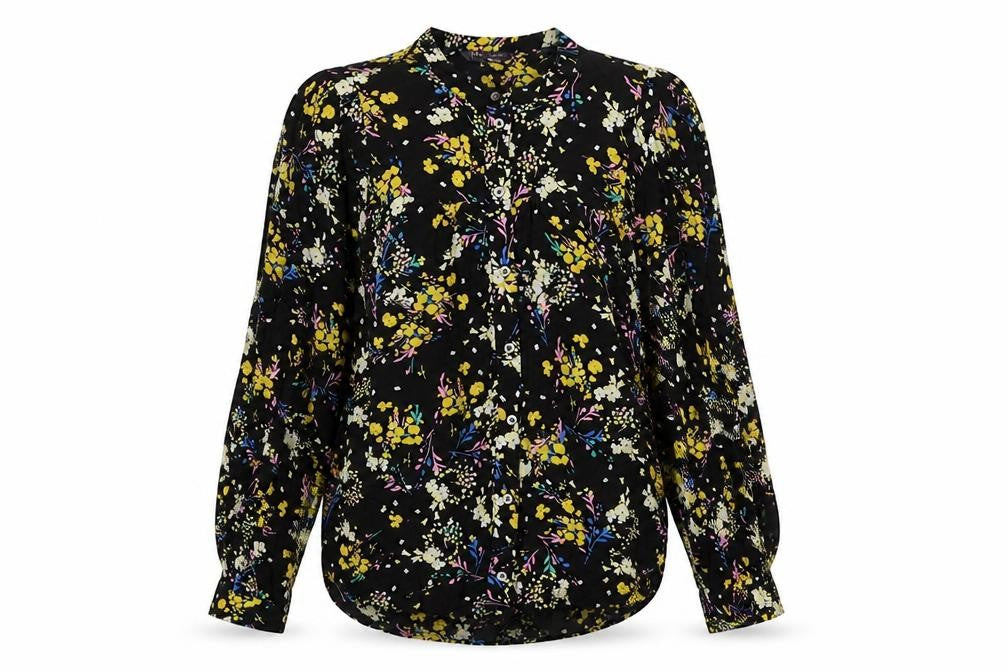 Front view of Marks & Spencer women’s multicoloured floral viscose basic button-up, size UK 8, round neck