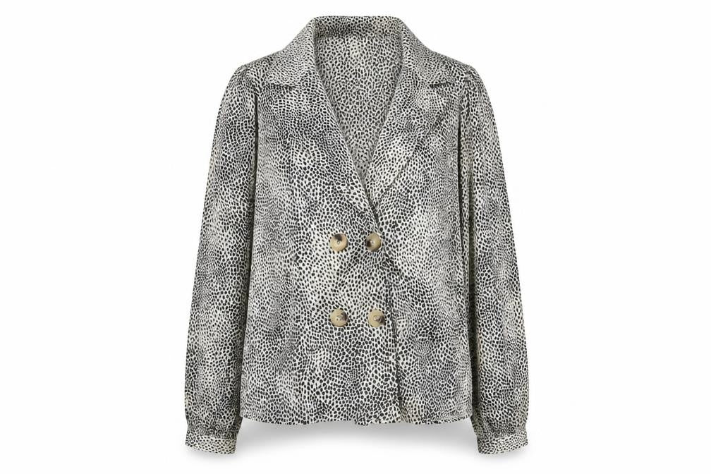 Front view of Boohoo women’s multicoloured geometric polyester basic button-up, size UK 10, v-neck