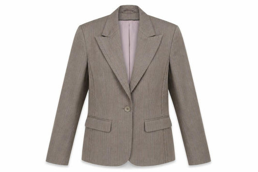 Front view of Autonomy women’s brown striped polyester jacket blazer, size UK 10