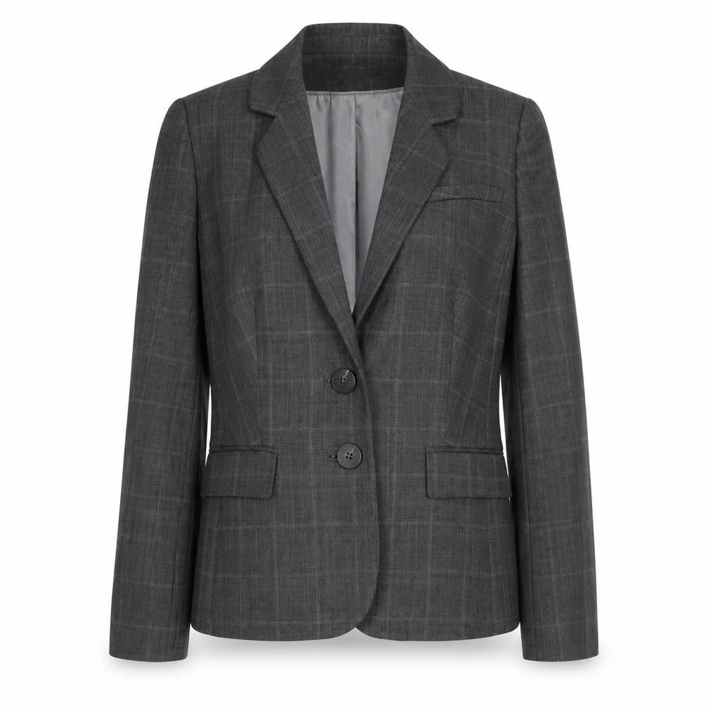 Front view of Planet women’s grey plaid wool jacket blazer, size UK 8
