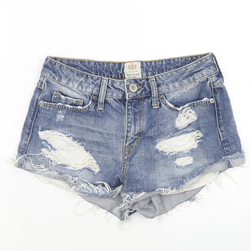 River Island Womens Blue Cotton Boyfriend Shorts Size 8 Regular Zip - Distressed Raw Hems