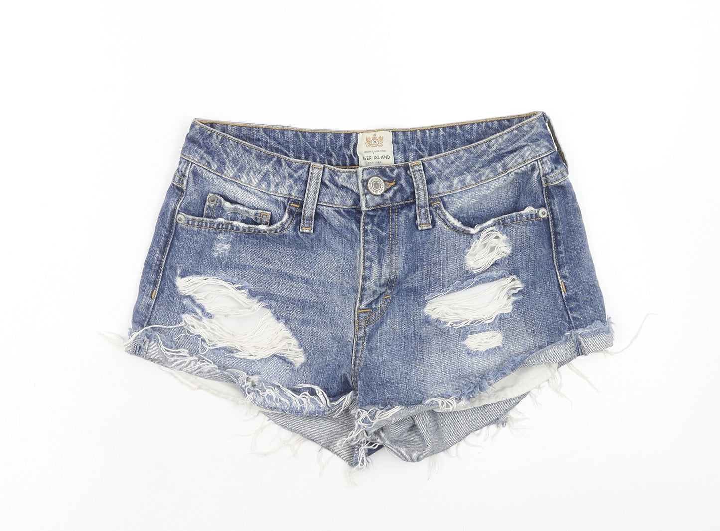 River Island Womens Blue Cotton Boyfriend Shorts Size 8 Regular Zip - Distressed Raw Hems