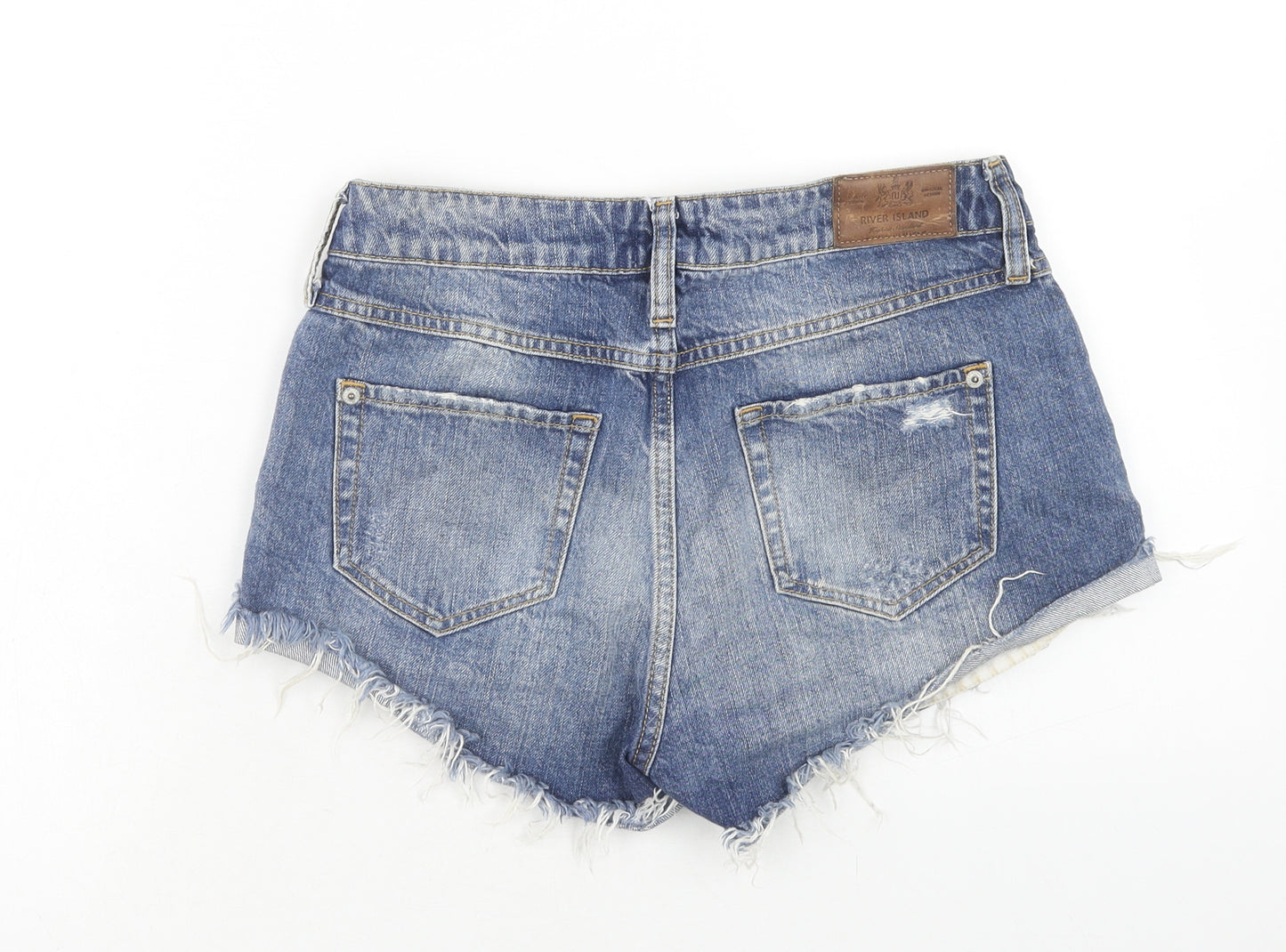 River Island Womens Blue Cotton Boyfriend Shorts Size 8 Regular Zip - Distressed Raw Hems
