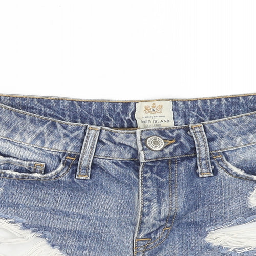 River Island Womens Blue Cotton Boyfriend Shorts Size 8 Regular Zip - Distressed Raw Hems