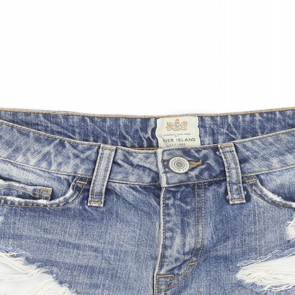 River Island Womens Blue Cotton Boyfriend Shorts Size 8 Regular Zip - Distressed Raw Hems