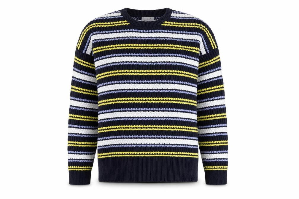 Front view of Per Una women’s multicoloured round neck striped cotton jumper, size L